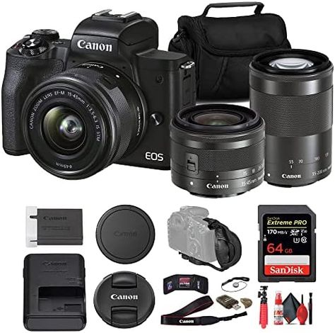 Canon EOS M50 Mark II Mirrorless Camera with 15-45mm and 55-200mm Lenses (Black) (4728C014) + 64GB Card + Card Reader + Case + Flex Tripod + Hand Strap + Cap Keeper + More (Renewed) Check more at https://us.productsoffer.in/canon-eos-m50-mark-ii-mirrorless-camera-with-15-45mm-and-55-200mm-lenses-black-4728c014-64gb-card-card-reader-case-flex-tripod-hand-strap-cap-keeper-more-renewed/ Canon Eos M50 Mark Ii, Eos M50 Mark Ii, Canon Eos M50, Standard Zoom Lens, Photo Software, Optical Image, Camera Cover, Canon Powershot, Canon Camera