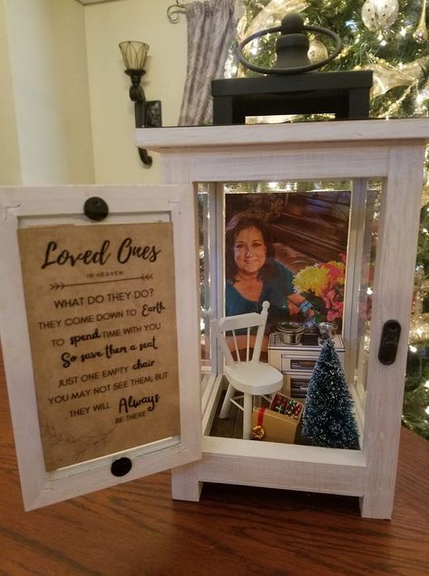 This is a custom memorial lantern made-to-order. Each lantern has the poem on the door and an empty chair inside. I then place 3-4 items in the lantern that represents your loved one. **I must have a photo and information about your loved one before I can get started. I need as much information you can give me - things like their hobbies, favorite past times, favorite things, habits (like daily coffee drinker, news reader, etc), or if there are any special things you would like for me to try to In Loving Memory Christmas Gifts, Memorial Gifts For Wife, In Memory If Gifts, Rememberance Shadow Boxes, Remembrance Gifts Parents, Remembrance Gifts With Pictures, Shadow Box Memorial For Dad, Remembrance Gifts For Him, Craft Lantern Out If Old Mini Blinds