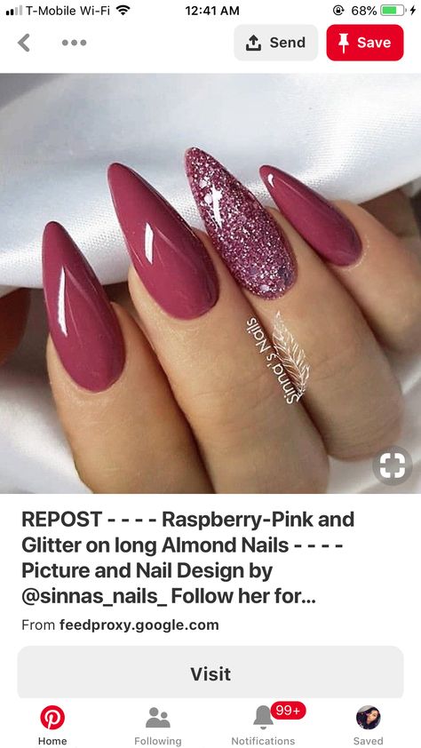 Pink And Glitter, Long Almond Nails, Long Almond, Nails Only, Thanksgiving Nails, Raspberry Pink, Hot Nails, Elegant Nails, Fall Nail