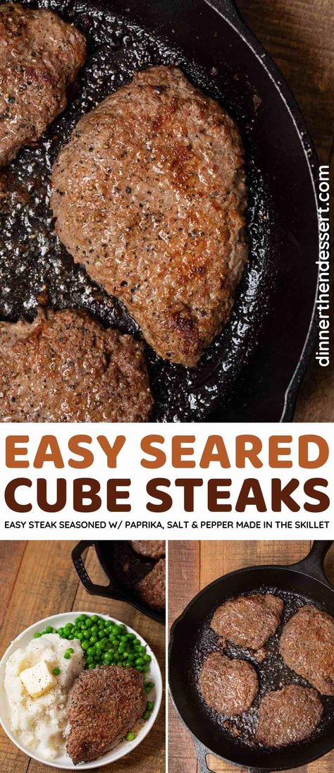 Seared Cube Steaks are probably the easiest steak dinner you'll ever make. Season with paprika, salt, and pepper before simply cooking in the skillet. Whole 30 Cube Steak Recipe, How To Cook Chopped Steak, Pan Seared Cubed Steak, Recipe For Minute Steak, How To Make Cubed Steak, Marinated Cube Steak Recipes, Chopped Steak Dinner Ideas, Beef Cube Steak Recipes Skillet, Beef Hip Minute Steak Recipes