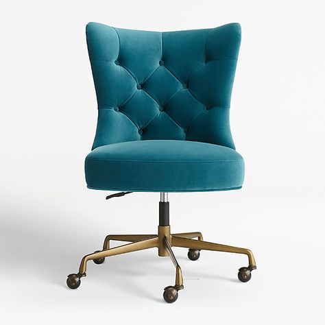 Shop Isla Teal Velvet Office Chair. Isla glams up the home office with slipper-chair good looks and plush teal velvet upholstery. A sophisticated update to the classic desk chair, Isla indulges with a generously padded seat and graceful button-tufted back. Teal Desk Chair, Velvet Desk Chair, Teal Desk, Teal Office, Velvet Office Chair, Classic Desk, Teal Velvet, Swivel Chair Desk, Modern Office Desk