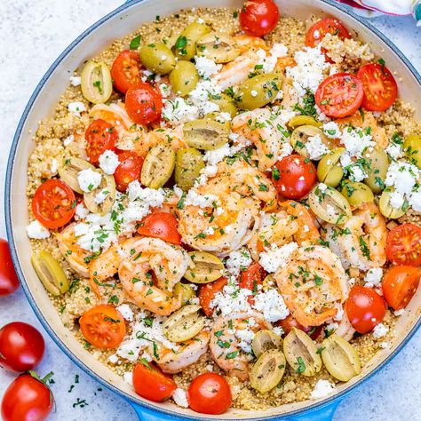 One-Pan Mediterranean Style Shrimp Quinoa Skillet Quinoa Skillet, Shrimp Quinoa, Mediterranean Shrimp, Shrimp And Quinoa, Quinoa Dishes, 2024 Recipes, Healthy Superfoods, Skillet Dinners, Clean Food Crush