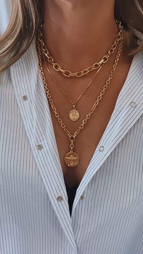 Neckless Layering, Gold Necklace Stacking, Chunky Gold Necklace Stack, Stacking Necklaces Gold, Gold Stacked Necklaces, Gold Layered Necklace, Necklace Stack, Ancient Coin, Stacked Necklaces