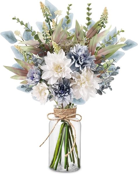 Amazon.com: Fake Flowers Artificial Flowers with Vase, Faux Flowers in Vase, Floral Arrangements Artificial Plants Silk Flowers for Home Coffee Table Decor Indoor Centerpiece Dining Table Decorations (Blue White) : Home & Kitchen Fake Flower Vases Overstock, Artificial Flowers And Vase, Faux Flowers In Vase, Dahlia Wedding Bouquets, Flowers With Vase, Fake Flower Bouquet, Dahlia Bouquet, Flowers In Vase, Wedding Bouquets Bride