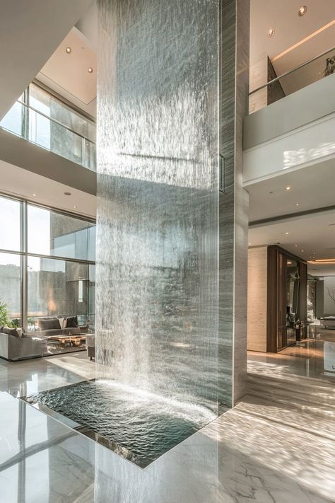 Diy Atrium, Natural Light Interior Design, Glass Atrium, Modern Waterfall, Restaurant Waterfall, Interior Sculpture, Waterfall Interior, Water Feature Indoor, Atrium With Pool