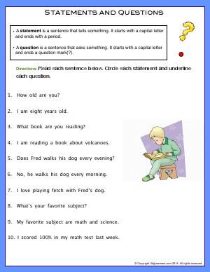 Worksheet | Statements and Questions | Read the sentences. Circle each statement and underline each question. Statements And Questions 2nd Grade, Statement And Question Worksheet, Second Grade English, Teaching Statement, Birbal Stories, Writing Sentences Worksheets, Worksheet For Class 2, Common App Essay, Creative Writing Classes