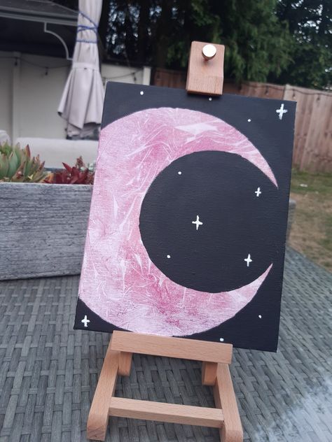 Acrylic painting   Acrylic painting covered in cling film till dry paint round moon and add white stars. Moon Star Painting, Moon And Stars Canvas Painting, Crescent Moon Painting Acrylic Easy, Painting Ideas On Canvas Stars, Star And Moon Painting, Painting Ideas To Sell, Easy Moon Painting, Moon Painting Easy, Acrylic Painting Moon