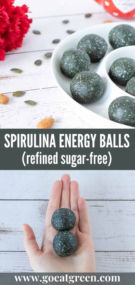 Healthy no-bake spirulina energy balls as a high-protein snack or healthy dessert. Vegan Energy Balls, Energy Balls Healthy, Date Balls, Eat Green, Raw Snacks, Energy Ball Recipe, Tasty Dessert, Energy Foods, Paleo Snacks