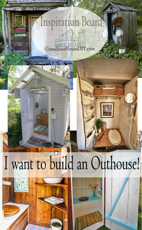 Dreaming of a sweet little outhouse... because I am very weird... Outhouses Ideas Buildings, Out Houses Toilet Plans, Diy Outhouse Bathroom, Outhouse Interior, Outhouse Bathroom Ideas, Out House Ideas, Build An Outhouse, Diy Outhouse, Africa Village