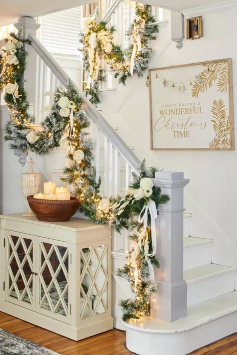 Hang Garland On Stairs, Garland On Stairs, Staircase Decor Ideas, Christmas Staircase Decor, Light Green Walls, Holiday Swag, Christmas Staircase, Winter Wonderland Decorations, Diy Snow Globe