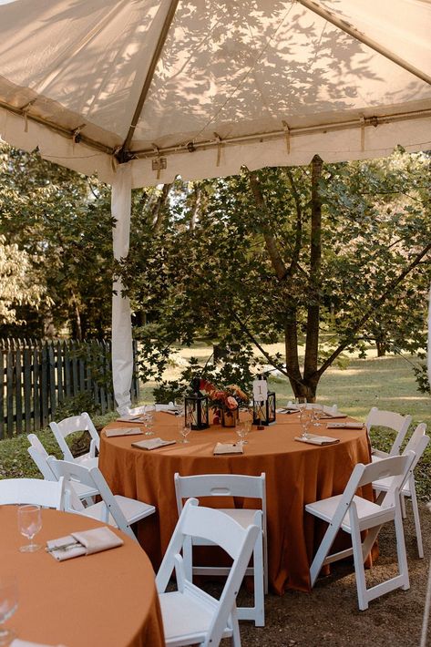 Tented Fall Wedding, Colored Tablecloths Wedding, Outdoor Fall Wedding Reception Tent, Outdoor Tent Engagement Party, Small Backyard Wedding Reception At Home, Coastal Backyard Wedding, Rustic Cocktail Hour, Boho Wedding Tent Lights, Backyard Wedding Table Set Up