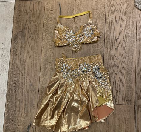 Gold Dance Costumes Lyrical, Gold Dance Costumes Jazz, Gold Lyrical Dance Costumes, Yellow Dance Costume Lyrical, Duet Dance Costumes, Gold Dance Costumes, Sassy Dance Costumes, Dance Performance Outfits, Jazz Outfits