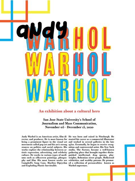 Andy Warhol Graphic Design, Pop Art Typography Poster, Pop Art Typography, Andy Warhol Poster, Theater Play, Andy Warhol Inspired, Andy Warhol Pop Art, San Gennaro, Newspaper Layout