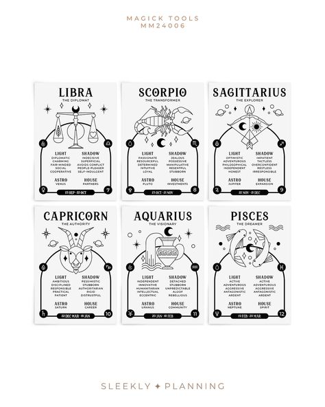 / TBT / Get ready to explore the fascinating world of astrology with this amazing set of 12 printable cards! Whether you're a curious beginner or a seasoned astrologer, these cards are for everyone. Each card beautifully captures the unique essence of every zodiac sign, showcasing their light and shadow traits, symbolism, ruling planet, birth chart house ruling, and archetype. With lined illustrations and rich content, these are designed to quickly give you valuable insights. Plus, they're su... Astrology Signs Art, Easy Deck, Chart House, Medical Astrology, Zodiac Cards, Instagram Plan, 12 Signs, Capricorn And Aquarius, Fact Sheet