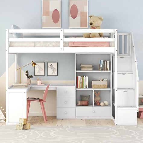 Amazon.com: Twin Size Loft Bed with 3-Drawers L-Shape Desk, Bookcase and Storage Staircase, Solid Wood Twin Bed Frame with Full Length Guardrail, White : Home & Kitchen Loft Bed Ideas, Storage Staircase, Bed Stairs, Loft Bed Frame, Twin Size Loft Bed, Shaped Desk, Twin Loft Bed, Loft Beds, Twin Bed Frame