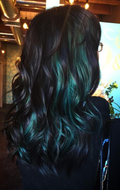 Beautiful pop of Teal - Black and Teal - Bright hair - Colorful Hair - Teal Hair  ||Hair by Shawna || B&Co. Hair and Design || Colorado Springs, CO || Dark Teal Peekaboo Hair, Black Hair With Teal Underneath, Black And Teal Hair Peekaboo, Dark Hair With Teal Highlights, Black Hair With Teal Highlights, Teal Highlights In Black Hair, Turquoise Hair Highlights, Teal Peekaboo Highlights, Black And Turquoise Hair