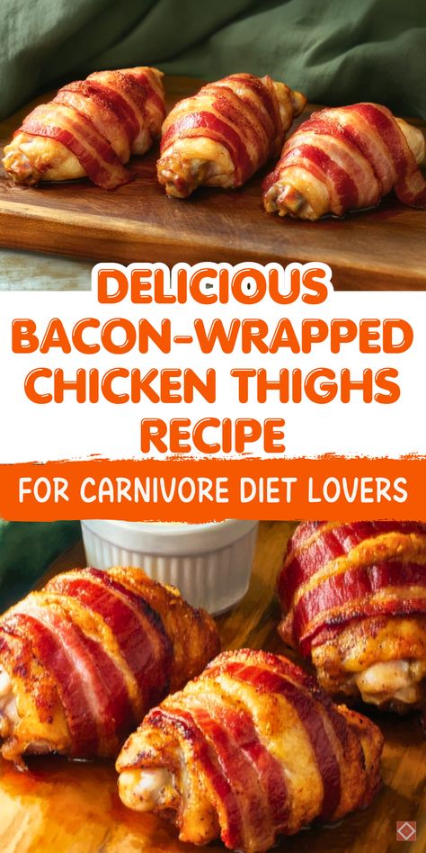 Looking for an easy carnivore diet dinner idea? These bacon-wrapped chicken thighs are a game-changer! With tender chicken wrapped in smoky, crispy bacon, this dish is perfect for those following a low-carb, high-protein lifestyle. Ready in no time, this recipe is both simple and satisfying. Whether you're on the carnivore diet or just love bacon-packed meals, this one’s a must-try. Save it now for a quick, delicious dinner idea! Chicken Thigh Carnivore Recipe, Carnivore Chicken Thigh Recipes, Carnivore Diet Recipes Easy Dinner, Carnivore Chicken Thighs, High Fat Carnivore Recipes, Carnivore Party Food, Air Fryer Carnivore Recipes, Carnivore Chicken Breast Recipes, Chicken Carnivore Recipes