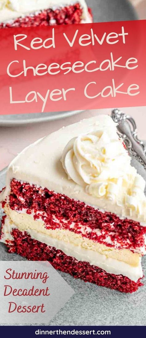 Red Velvet Cheesecake Cake is a stunning dessert with two red velvet layers of cake, a thick layer of cheesecake, and cream cheese frosting. Red Velvet Cake With Filling, Red Velvet Cheesecake Cake Recipe, Layered Red Velvet Cheesecake Bundt Cake, Redvelvet Cheesecake Cake, Cake With Cheesecake Layer, Velvet Desserts, Red Velvet Cheesecake Cake, Red Velvet Birthday Cake, Red Velvet Desserts