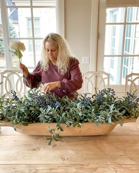 Floral Dough Bowl Centerpiece, Modern Dough Bowl Centerpiece, Extra Large Dough Bowl Decor Ideas, Large Dough Bowl Fall Decor, Oblong Bowl Centerpiece, Long Basket Centerpiece, Hydrangea Dough Bowl Centerpiece, Coffee Table Centerpiece Tray, How To Decorate A Large Dough Bowl