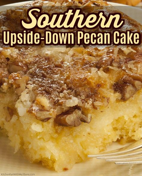 Upside Down Pecan Cake, Pecan Pie Cake Recipe, Southern Recipes Desserts, Pecan Pie Cake, Pecan Desserts, Thanksgiving Food Desserts, Pecan Cake, Pecan Recipes, Cake Making