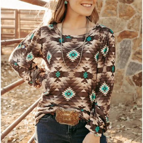 Brown Western Top With Turquoise And Beige Aztec. Cute Bubble Shoulder And Sleeve. This Is A Size Xs, But Fits Like A Small. Measurements In Photos Western Shirts For Women, Cowgirl Clothes, Western Top, Western Tops, Western Shirts, Turquoise, My Style, Women Shopping, Quick Saves