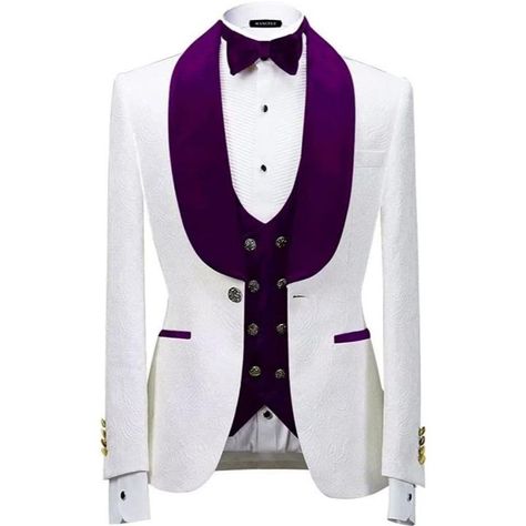 Purple Prom Suit, Purple Groomsmen, Purple Tuxedo, White Wedding Suit, Bow Tie Suit, Purple Shawl, Button Shawl, Wedding Tux, Prom Tuxedo