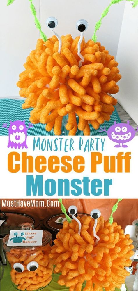 Monster birthday party ideas! Cheese puff monster party food and free printables via @musthavemom Monster Party Food, Monster Birthday Party Ideas, Party Food For Kids, Monster Snacks, Monster First Birthday, Monster Baby Showers, Monster Food, Kids Birthday Party Food, Monster Birthday Party