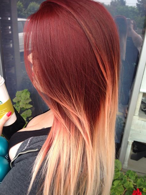 Red and blonde ombré. Brown Red Orange Ombre Hair, Red Blond Balayage Hair, Red Hair On Top Blonde Underneath, Red Hair With Blonde Underlayer, Blonde And Red Ombre Hair, Red And Blonde Ombre Hair, Red Hair With Blonde Ombre, Red Hair With Blonde Ends, Blonde And Red Balayage