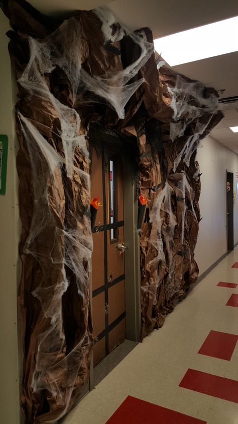 Bat Cave Classroom Door, Halloween Door Decorations Classroom Scary, Work Halloween Decorating Contest, Spooky Hallway Decorations, Bat Classroom Door, Halloween Classroom Decorations Bulletin Boards, Haunted Classroom Ideas, Halloween Door Decorations Classroom High School, Halloween School Hallway Decorations