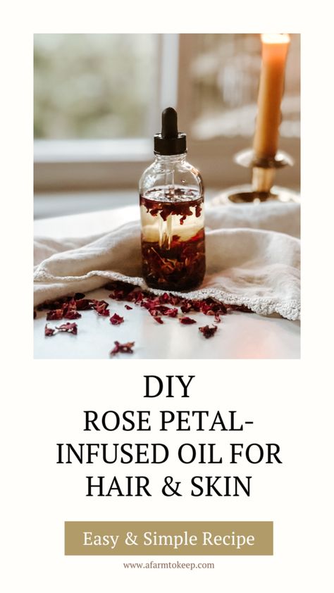 Easy DIY Rose Petal-Infused Body and Hair Oil Recipe Hibiscus Oil Benefits, Rose Oil For Hair, What To Do With Rose Petals, Diy Rose Oil How To Make, Diy Body Oil Recipe, Rose Oil Diy, Homemade Rose Oil, Rosehip Oil For Hair, Rose Petal Perfume Diy