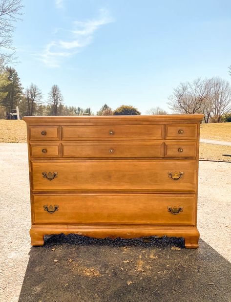 Dated Dresser Turned Vintage Boho Inspired Chest | Little House of Four - Creating a beautiful home, one thrifty project at a time.: Dated Dresser Turned Vintage Boho Inspired Chest Chest On Chest Dresser Makeover, Dresser Makeover Inspiration, Reface Dresser Drawer Fronts, 3 Drawer Dresser Makeover Diy, Walnut Dresser Makeover, 1950s Dresser Makeover, Restaining Wood Dresser, 90's Oak Dresser Makeover, Modernize Old Dresser