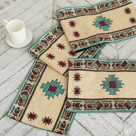 Desert Jewel Table Runner Western Table, Turquoise Table, Black Forest Decor, Western Gifts, Southwest Decor, Log Furniture, Crochet Table Runner, Southwestern Decorating, Throw Pillow Styling