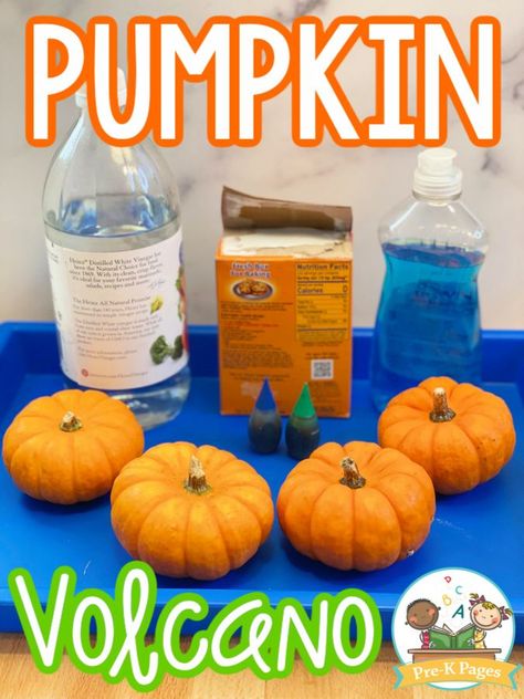 Volcano Pumpkin Experiment, Pumpkin Science Preschool, Volcano Pumpkin, Pumpkin Volcano, Pumpkin Science Activities, Pumpkin Science Experiment, Autumn Preschool Theme, Candy Experiments, Pumpkins Preschool