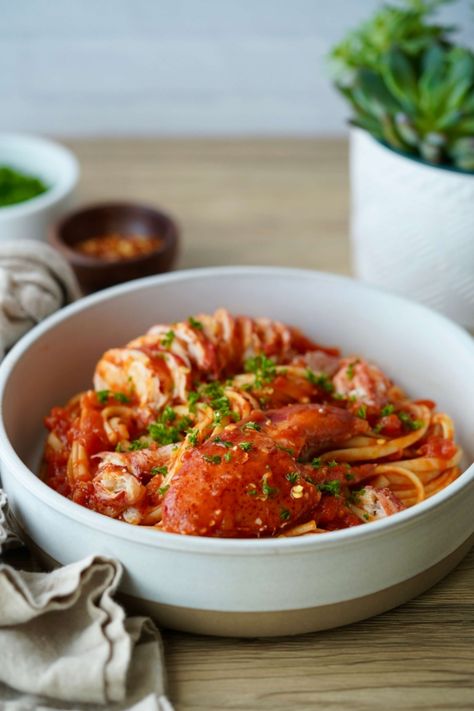 Lobster Fra Diavolo (Pasta with Spicy Lobster Sauce) – SIMMER + SAUCE Lobster Sauce For Pasta, Diavolo Pasta, Lobster Fra Diavolo, Spicy Lobster, Red Sauce Recipe, Lobster Sauce, Fra Diavolo, Italian Pasta Dishes, Red Sauce