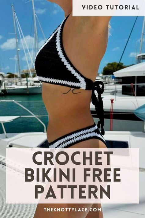 Effortlessly chic, the Penelope Crochet bikini set offers a stunning black and white design perfect for swimming or lounging. Easily adjustable and written for all sizes. Free Pattern included. This Penelope crochet bikini set is stretchy and comfortable when using the mentioned yarn and written for sizes XS - 5XL. Crochet Beach Wear Pattern, Diy Swimwear, Crochet Bra Pattern, Crochet Beach Wear, Crochet Bathing Suits, Crochet Festival, Crochet Bra, Crochet Crop Top Pattern, Crochet Swimwear