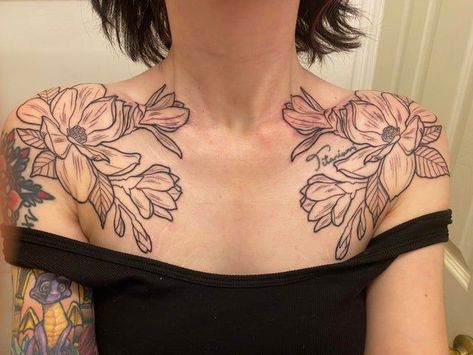 Louisiana Inspired Tattoos, Japanese Magnolia Tattoo, Louisiana Tattoos, Clavical Tattoos, Louisiana Tattoo, Japanese Magnolia, Magnolia Tattoo, Prison Tattoos, New Tattoo Ideas