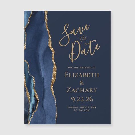 This elegant modern save the date magnet card features a navy blue watercolor agate border trimmed with faux gold glitter. Easily customize the gold colored text on a navy blue background. Wedding Midnight Blue, Navy Blue Cream And Gold Wedding, Navy Blue Aesthetic Wedding, Royal Blue And Gold Wedding Invitations, Navy Blue And Gold Aesthetic, Navy Blue And Black Wedding, Sapphire Wedding Theme, Blue And Gold Invitations, Dark Blue Wedding Theme