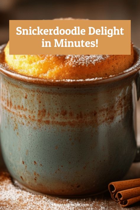 Cozy mug filled with a fluffy, freshly made snickerdoodle cake topped with powdered sugar. Quick Mug Cake, Snickerdoodle Mug Cake, Quick Cornbread, School Cookies Recipe, 5 Minute Desserts, Mug Cake Recipes, Cake Recipe Easy, Easy Zucchini Recipes, Mug Cake Recipe