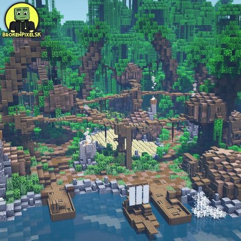 Tribal Jungle Village in Minecraft Things To Build In Minecraft Jungle, Jungle Ideas Minecraft, Minecraft Jungle Builds Easy, Jungle Wood Builds Minecraft, Jungle Kingdom Minecraft, Jungle Bases Minecraft, Treehouse Village Minecraft, Jungle Mansion Minecraft, Minecraft Jungle Aesthetic