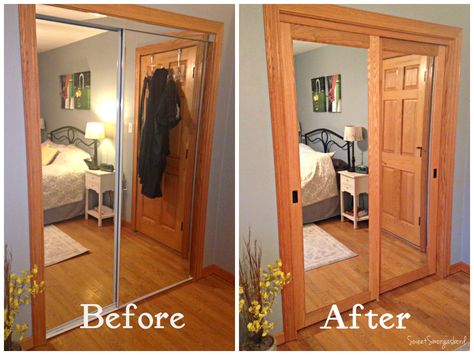 Mirror Closet Door, Mirrored Closet Doors, Mirrored Closet, Folding Closet Doors, Mirror Closet, Closet Mirror, Door Makeover Diy, Mirror Doors, Closet Door Makeover