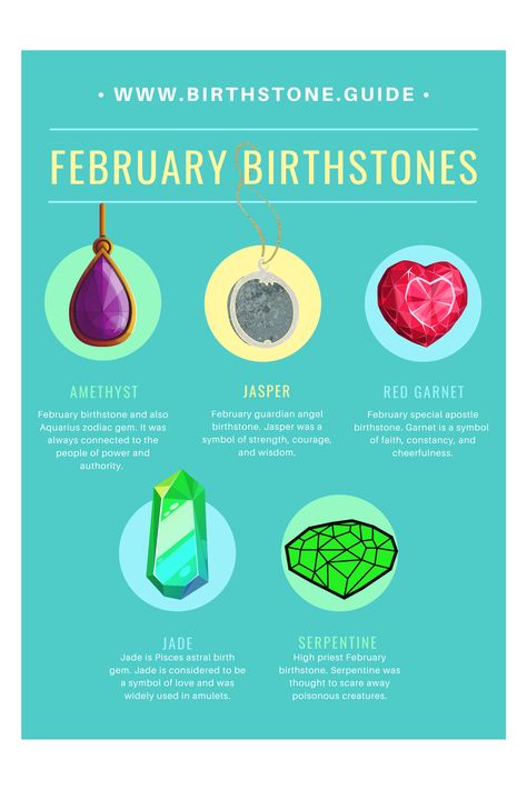 If you were the one to be born in February then you would have a choice of at least 3 birthstones to pick from: Amethyst being a month birthstone, February guardian angel birthstone - Jasper, February special apostle birth rock - Red Garnet. In addition to the mentioned gemstones, Jade is also eligible for February list as Pisces birthstone, and Serpentine is a February birthstone according to one of the alternative birthstone lists. February List, February Magick, Birth Month February, Pisces Birthstone, February Gemstone, Birth Colors, Birthstones By Month, Born In February, February Birthday