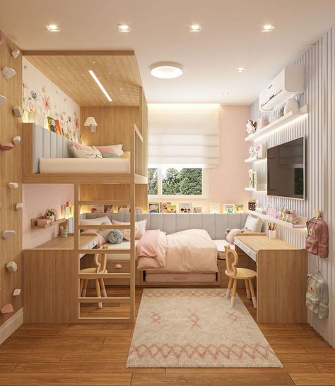 Room Ideas For Three Sisters, Room Ideas For Two Beds, Double Girls Bedroom Ideas, Girls Bedroom 2 Beds, Kids Room Two Beds, Girls Bedroom Ideas With Bunkbeds, Three Girls Bedroom, Bedroom For 2 Kids, 2 Girls Room