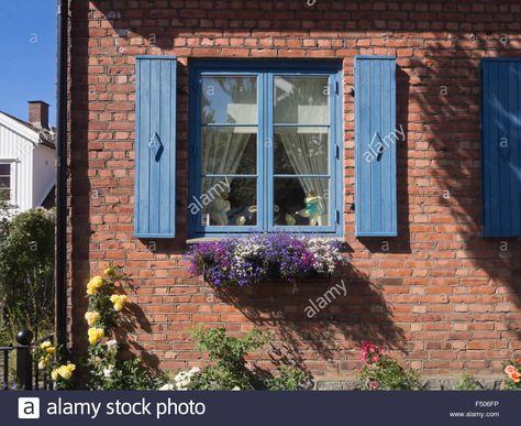 Orange Brick, Brick Cottage, Green Shutters, Painted Brick House, Blue Shutters, Blue Roof, Red Brick House, Brick Exterior House, White Brick