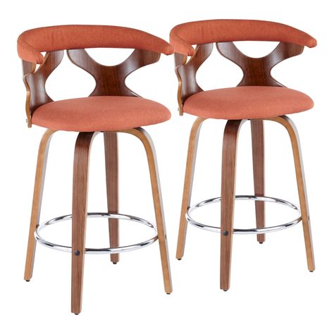 Lumisource Gardenia Mid-Century Modern Walnut and Orange Counter Stool (Set of 2) B26-GARDR WLO2 - The Home Depot Grey Counter, Modern Counter Stools, Swivel Counter Stools, American Signature Furniture, Counter Height Bar, Counter Height Bar Stools, Counter Height Stools, Orange Fabric, Swivel Bar Stools