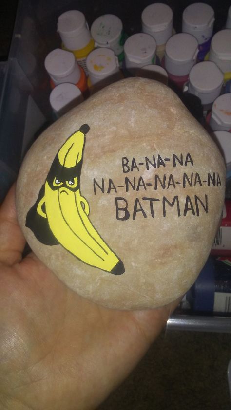 Banana Batman inter rock. Funny painted rock. 801 rocks Funny Painted Rocks, Funny Rocks, Acai Recipes, Budget Decorating Ideas, Stone Paintings, Shell Painting, Sonic Videos, Lake Ideas, Funny Rock