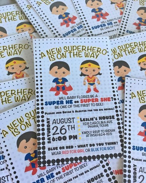 Little superhero invitations Gender Reveal Superhero Ideas, Super Hero Gender Reveal Ideas, Superhero Gender Reveal Ideas, Superhero Gender Reveal, Superman Party, Superheroes Party, Pregnancy Announcement Sibling, Superhero Baby Shower, Superhero Invitations