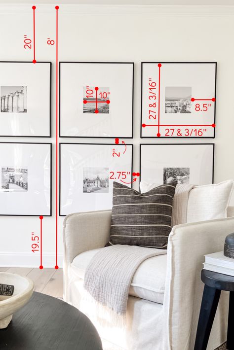 Save this to remember the measurements for this gallery wall! Gallery Wall Oversized Mat, Six Frame Gallery Wall, Picture Frames Either Side Of Fireplace, Photo Wall Measurements, Grid Gallery Wall Dining Rooms, Mcgee Gallery Wall, 3 Big Picture Frames On Wall, Frames For Dining Room Wall Decor, Gallery Wall Behind Couch Living Rooms