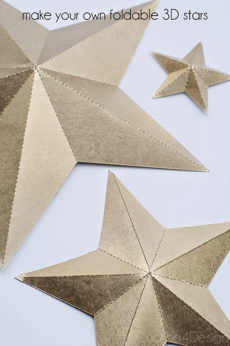 Best DIY Projects: Foldable 3D Stars with downloadable file 3d Cardboard Star, How To Make 3d Stars, 3d Star Template, Paper Stars Diy, Origami Paper Stars, 3d Paper Star, 3d Stars, Christmas Silhouette, Star Hat