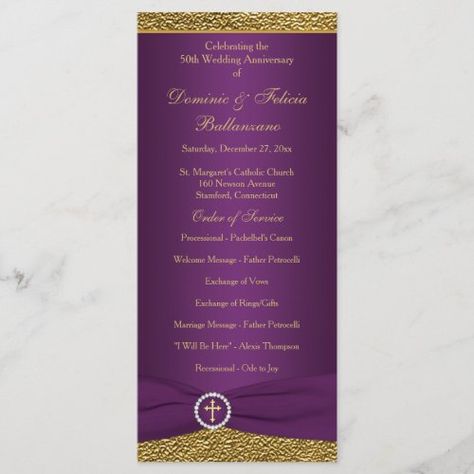 $2.85 | 50th Wedding Anniversary Vow Renewal Program #order of service, marriage program, vow renewal, wedding, programs, program template, ceremony program, purple and gold, christian catholic gold cross, religious ribbon jewels Anniversary Program Ideas, Vow Renewal Schedule, Vow Renewal Ceremony Script, Vow Renewal Program, Christian Wedding Program, Marriage Messages, Vow Renewal Wedding, Anniversary Vow Renewal, Pastor Anniversary