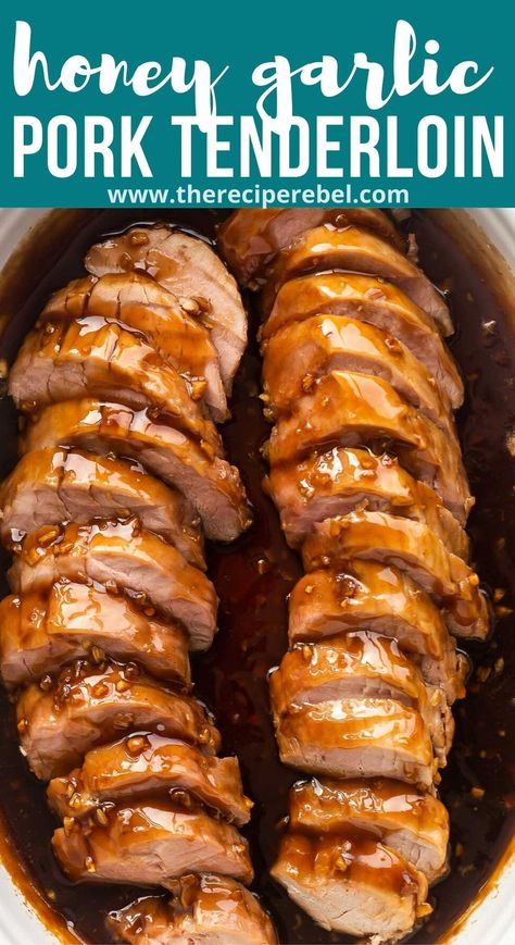 This Honey Garlic Pork Tenderloin Recipe is one of my favorite ways to make pork tenderloin in the oven! It's made with juicy pork smothered in a sweet and savory honey garlic sauce! #pork #recipes #dinner | pork recipes | easy dinner ideas | pork tenderloin oven | honey garlic sauce | easy dinner ideas #ThePerfectRoast Dinner Ideas Pork, Pork Tenderloin In The Oven, Tenderloin In The Oven, Honey Garlic Pork Tenderloin, Garlic Pork Tenderloin, Easy Pork Tenderloin Recipes, Pork Tenderloin Oven, Easy Pork Tenderloin, Honey Garlic Pork